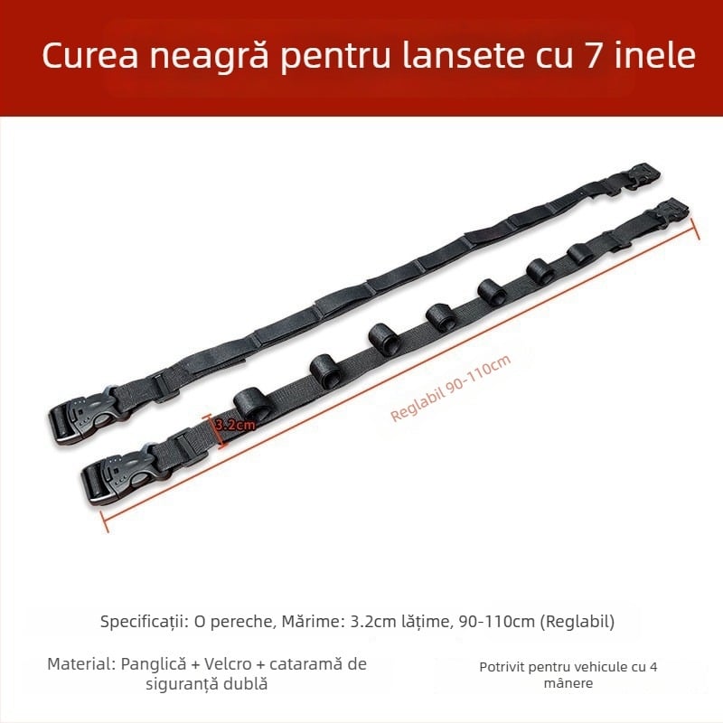 Suport pentru lansete de pescuit, destinat montării în mașină, cu bandă Velcro și braț superior pentru lansete marine și lansete tip lure