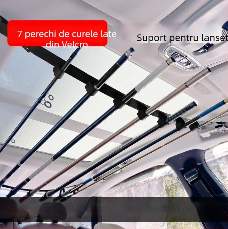 Suport pentru lansete de pescuit, destinat montării în mașină, cu bandă Velcro și braț superior pentru lansete marine și lansete tip lure