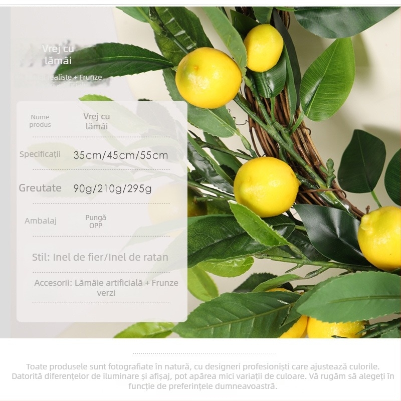 Coronă artificială cu lămâi pentru decor interior, potrivită pentru ușă sau perete, cu frunze de eucalipt și fructe