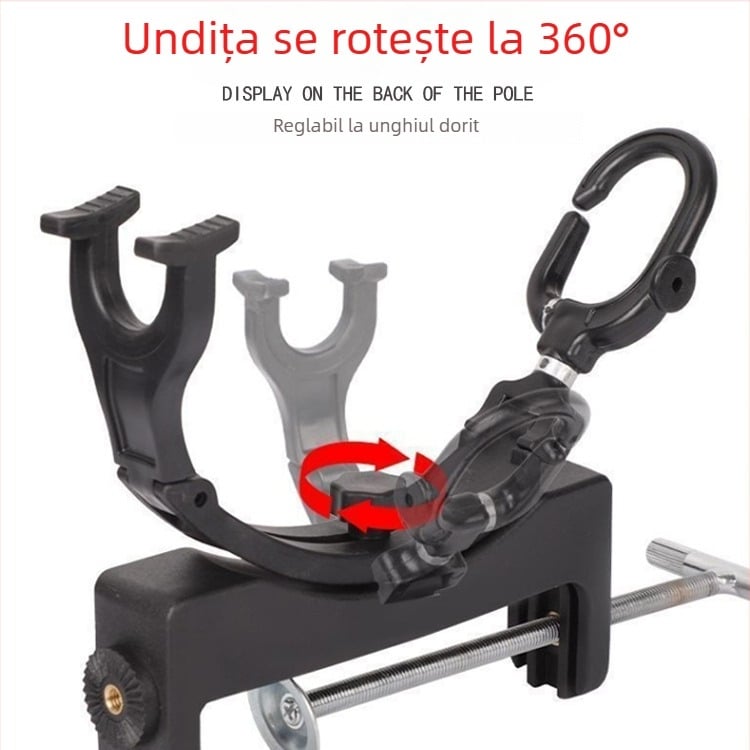 Suport portabil multifuncțional pentru undițe de pescuit pe barcă, cu braț universal rotativ și mecanism de blocare