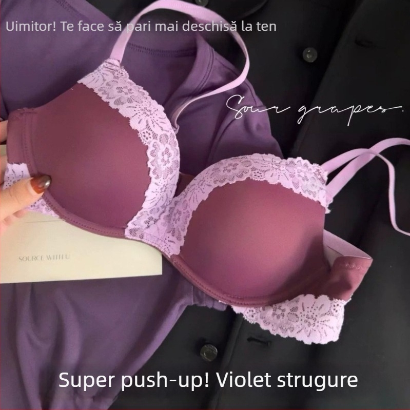 Sutien din dantelă pentru femei, mov strugure, stil francez, sexy, evidențiază bustul mic, cu efect Push-Up, fără arcuri, suport moale