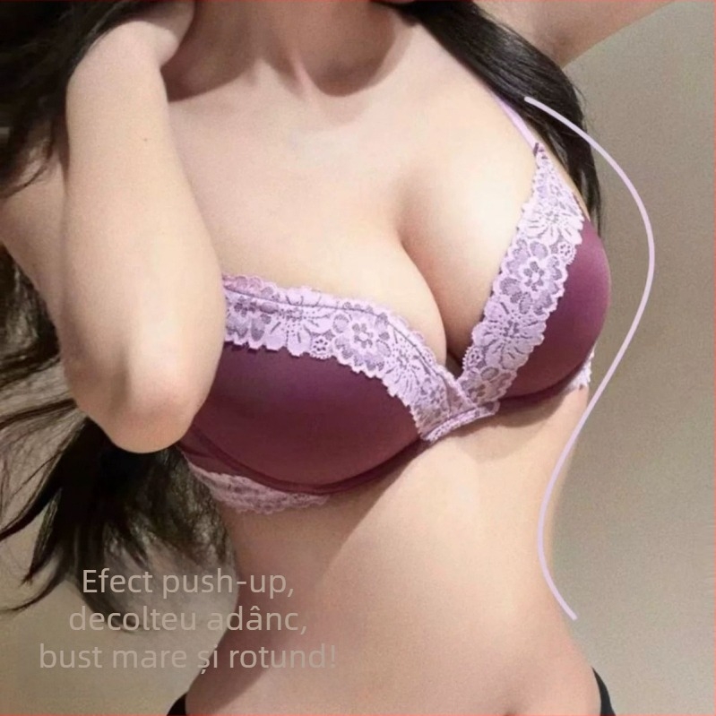 Sutien din dantelă pentru femei, mov strugure, stil francez, sexy, evidențiază bustul mic, cu efect Push-Up, fără arcuri, suport moale
