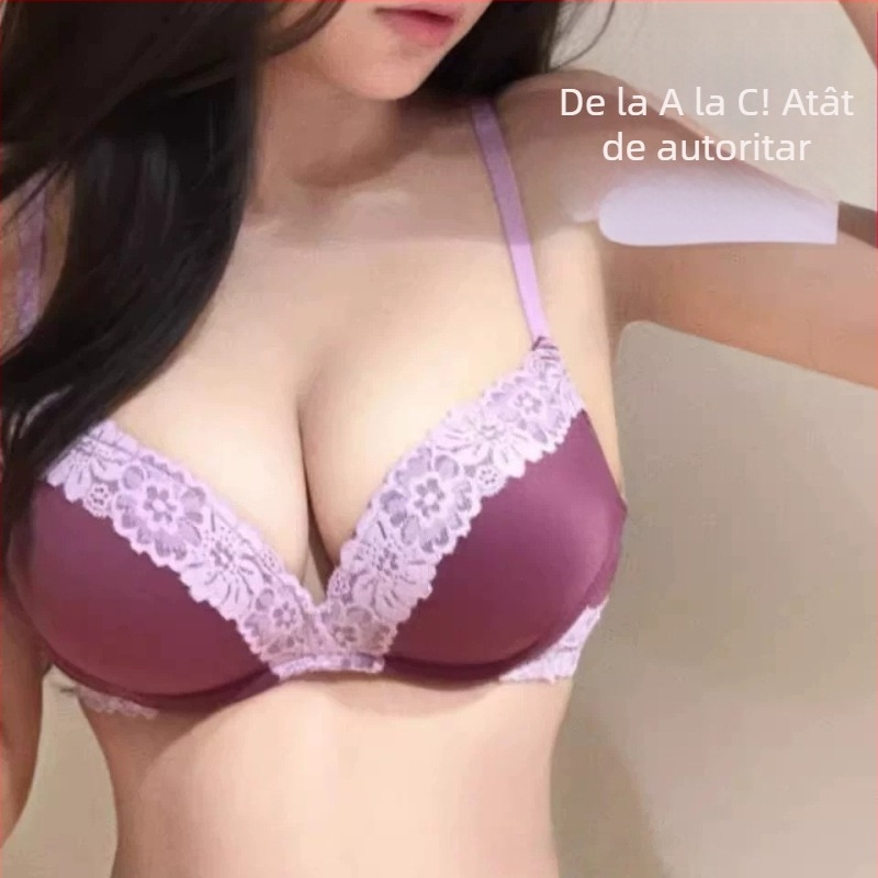 Sutien din dantelă pentru femei, mov strugure, stil francez, sexy, evidențiază bustul mic, cu efect Push-Up, fără arcuri, suport moale