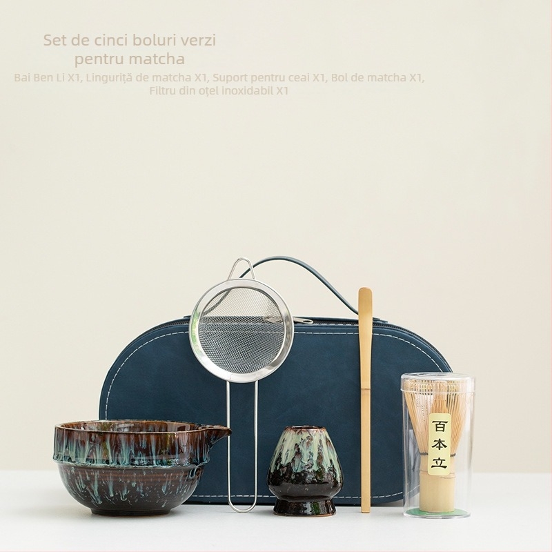 Set Yakiware pentru matcha: bol pentru matcha, tel de amestec, ceașcă și set de depozitare