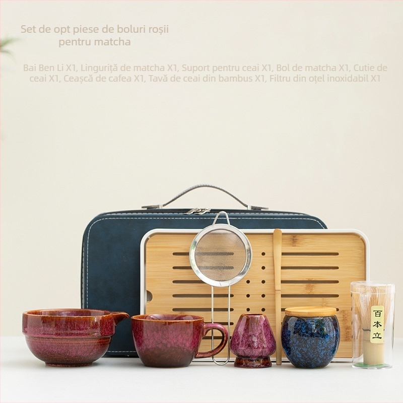 Set Yakiware pentru matcha: bol pentru matcha, tel de amestec, ceașcă și set de depozitare