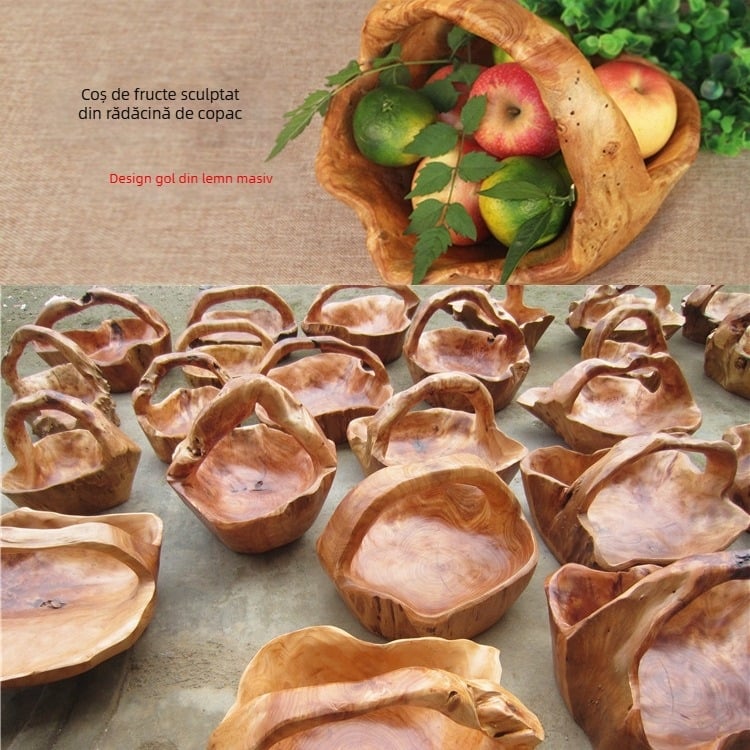 Cos de fructe din lemn masiv cu sculptură în rădăcină, bol de fructe natural din lemn, decor pentru living