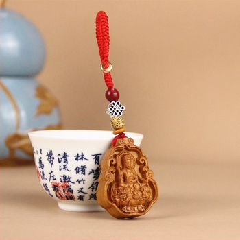 Pandantiv pentru chei din lemn de piersic, cu protector zodiacal, Bodhisattva Samantabhadra și amulet Buddha pentru Anul Dragonului