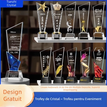Trofeu de cristal cu gravură personalizată – premiu de înaltă calitate pentru angajați excepționali, competiții sportive și omagieri