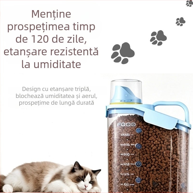 Recipient transparent pentru hrană de pisică, etanș, protejat împotriva insectelor și umezelii, pentru depozitarea hranei, gustărilor uscate și a hranei liofilizate; recipient portabil pentru orez