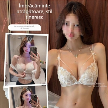 Set sutien dantelat, sexy, cu închidere frontală, bretele duble subțiri în stil franțuzesc, push-up, motif fluture