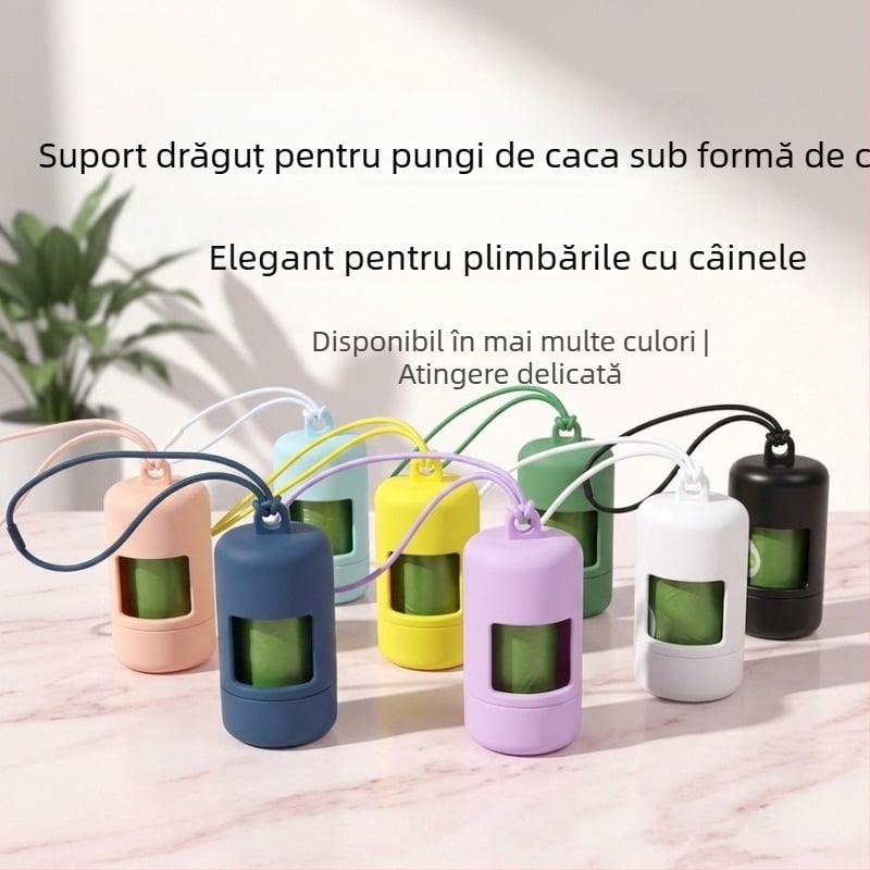 Dispenser capsulă pentru sacoșele de gunoi ale animalelor de companie, cu curea de prindere și capac rotativ