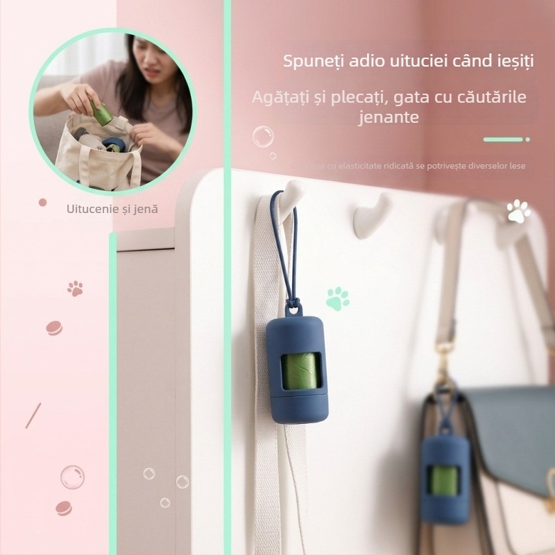Dispenser capsulă pentru sacoșele de gunoi ale animalelor de companie, cu curea de prindere și capac rotativ