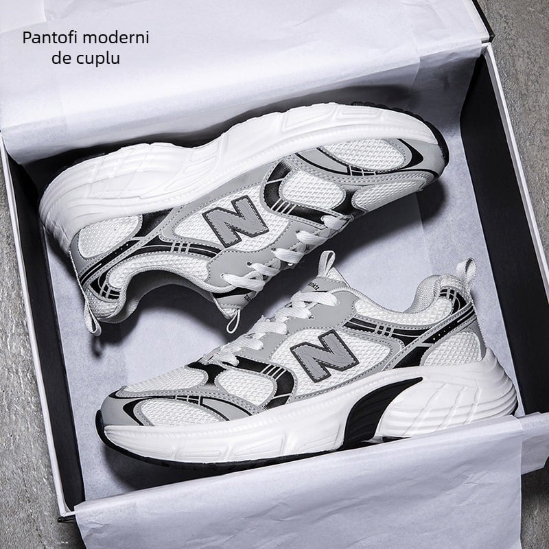 Adidași negri pentru bărbați, stil chunky, talpă moale, unisex, sneakers casual cu linie în formă de N
