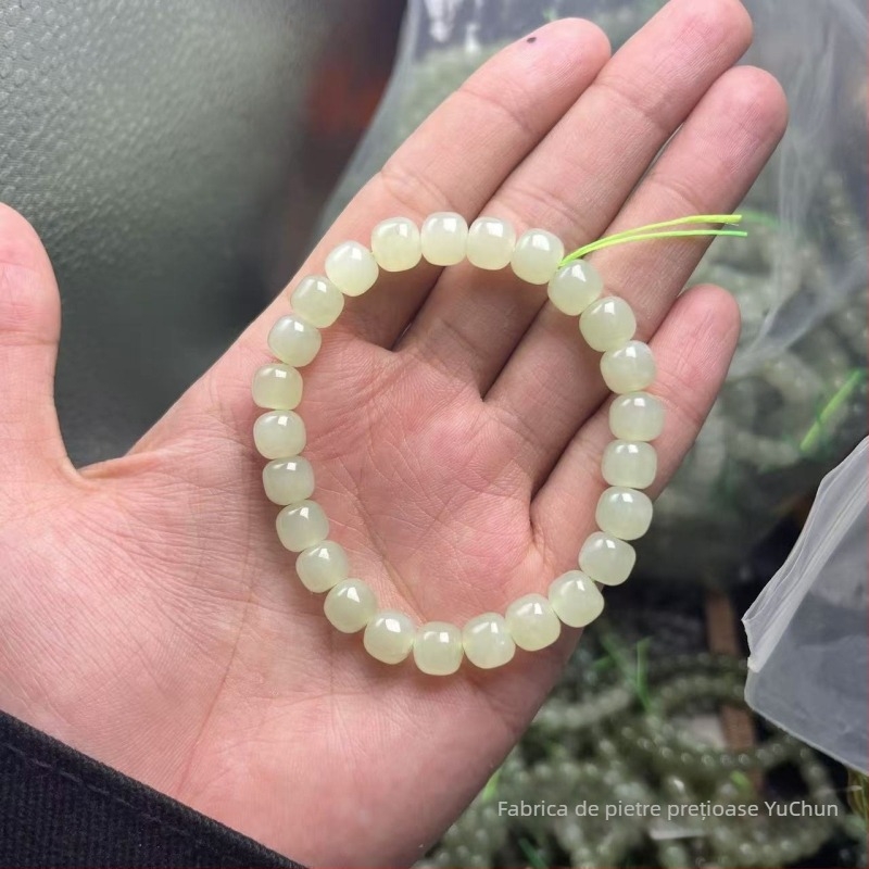 Brățară naturală din jad Hetian cu mărgele în stil vechi, 7×8 mm, culoare lac Qingshui Lake, miere-apă