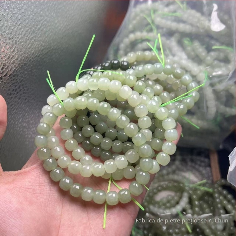 Brățară naturală din jad Hetian cu mărgele în stil vechi, 7×8 mm, culoare lac Qingshui Lake, miere-apă