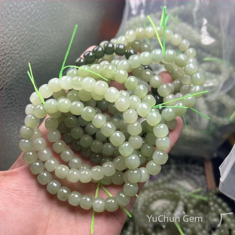 Brățară naturală din jad Hetian cu mărgele în stil vechi, 7×8 mm, culoare lac Qingshui Lake, miere-apă