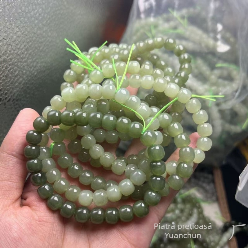 Brățară naturală din jad Hetian cu mărgele în stil vechi, 7×8 mm, culoare lac Qingshui Lake, miere-apă