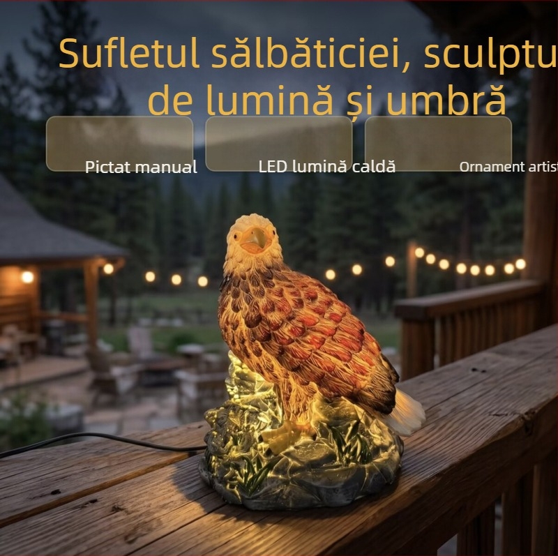 Figurină din rășină cu lumină de noapte, vultur de munte așezat, decor pentru grădină și curte