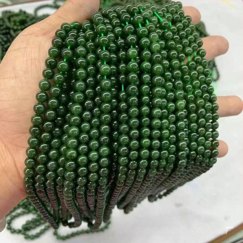 Perle naturale de jad Hetian, 6 mm, verde spanac, șir pentru brățară lungă DIY