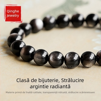 Brățară naturală cu mărgele din obsidian argintiu, unisex, cu ochi de pisică dubli, cristale și jad