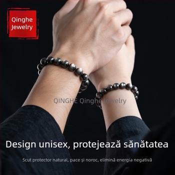 Brățară naturală cu mărgele din obsidian argintiu, unisex, cu ochi de pisică dubli, cristale și jad