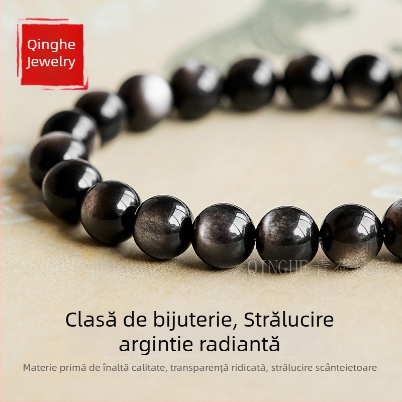 Brățară naturală cu mărgele din obsidian argintiu, unisex, cu ochi de pisică dubli, cristale și jad