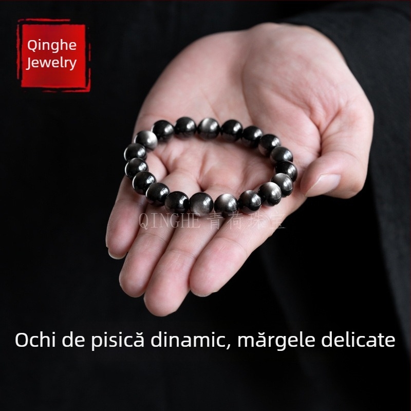 Brățară naturală cu mărgele din obsidian argintiu, unisex, cu ochi de pisică dubli, cristale și jad