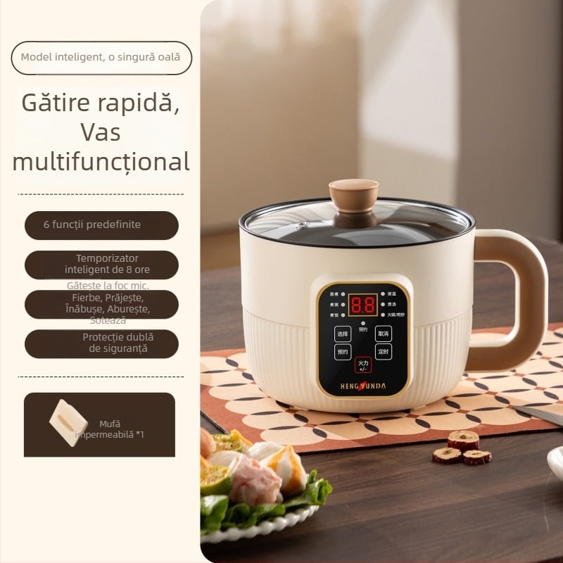 Oală electrică multifuncțională pentru uz casnic, cămine studențești și birou; vas compact all-in-one de 2 L pentru prăjit, sotat, fiert și abur.