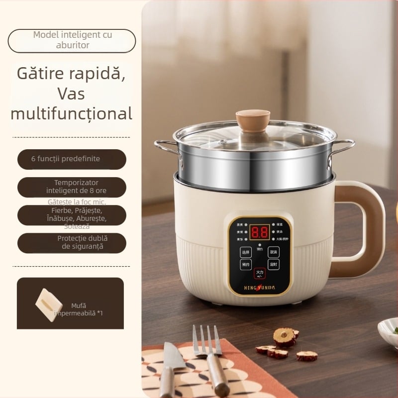 Oală electrică multifuncțională pentru uz casnic, cămine studențești și birou; vas compact all-in-one de 2 L pentru prăjit, sotat, fiert și abur.