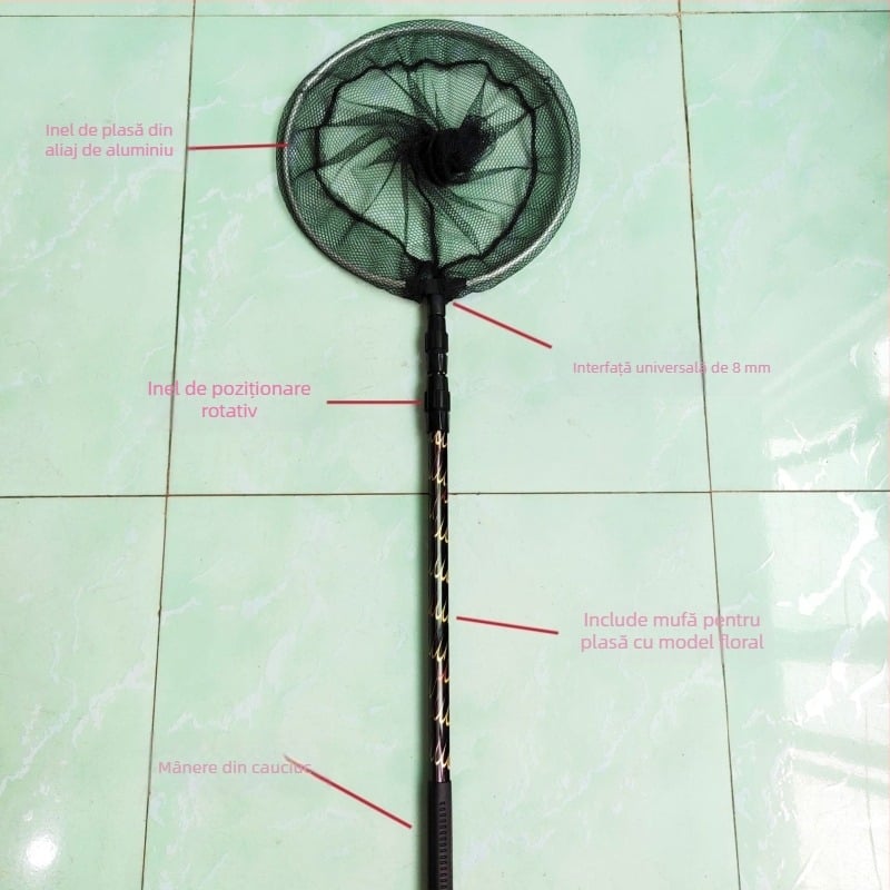 Năvod telescopic de pescuit din aliaj de aluminiu, cu cap cu plasă densă