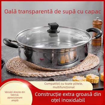 Oală de supă din oțel inoxidabil, îngroșată, pentru plite cu inducție sau gaz, cu coș de aburi, cu mâner dublu, oală mică de uz casnic