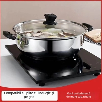 Oală de supă din oțel inoxidabil, îngroșată, pentru plite cu inducție sau gaz, cu coș de aburi, cu mâner dublu, oală mică de uz casnic