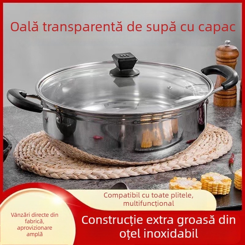 Oală de supă din oțel inoxidabil, îngroșată, pentru plite cu inducție sau gaz, cu coș de aburi, cu mâner dublu, oală mică de uz casnic
