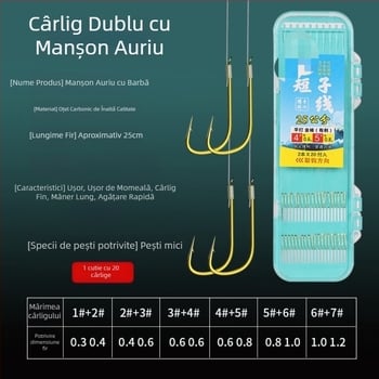 25 cm linie scurtă de pescuit sălbatic cu cârlige duble, cârlige de caras pre-legate cu manșon auriu