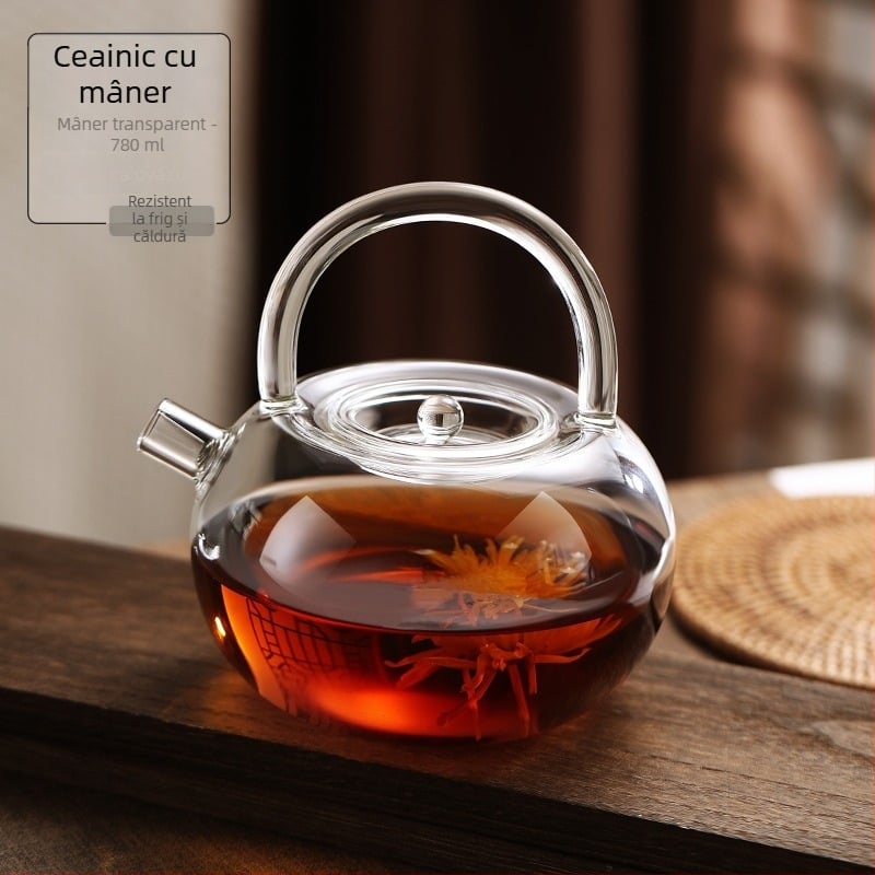 Ceainic din sticlă borosilicată cu mâner, design floral, rezistent la căldură, stil modern minimalist