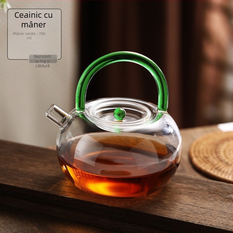Ceainic din sticlă borosilicată cu mâner, design floral, rezistent la căldură, stil modern minimalist