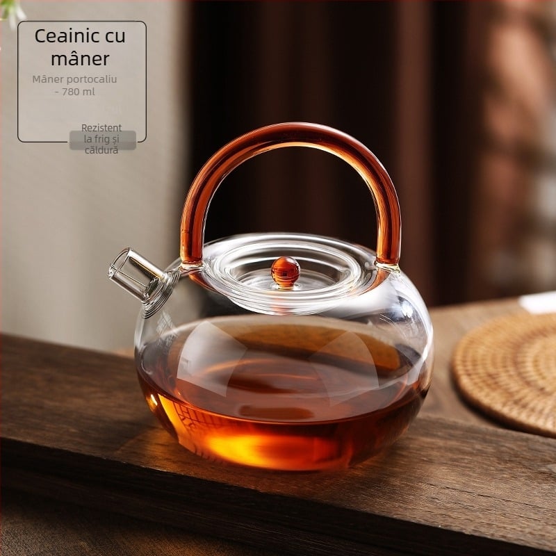 Ceainic din sticlă borosilicată cu mâner, design floral, rezistent la căldură, stil modern minimalist