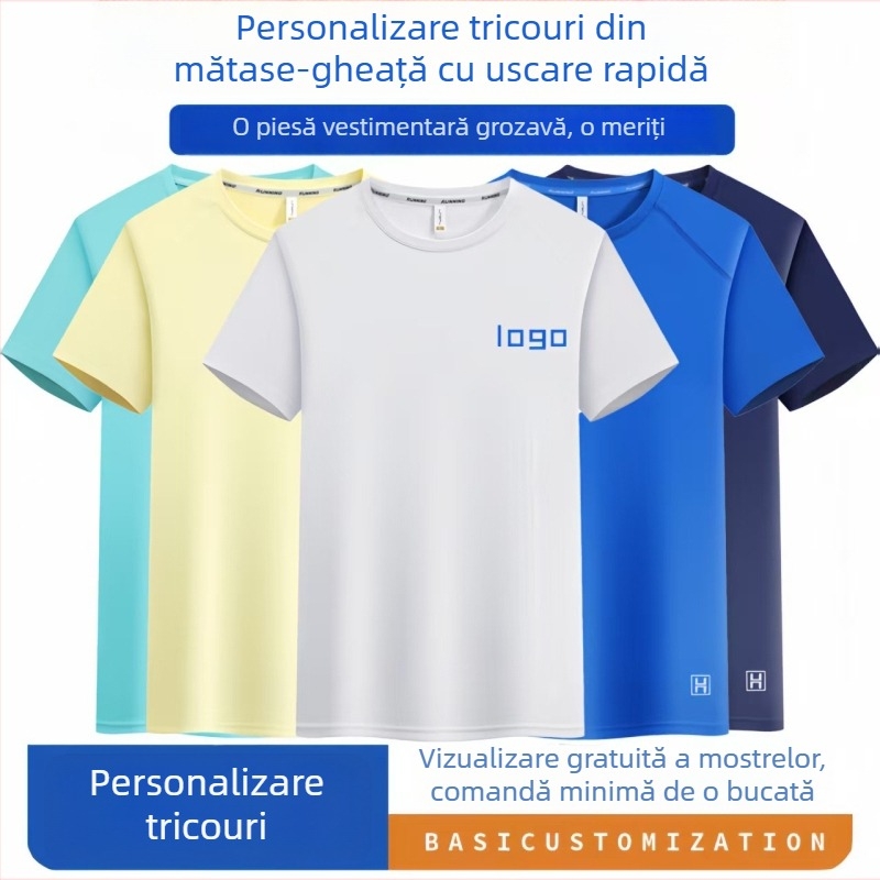 Tricou unisex din ice-silk, uscare rapidă, culoare uni, alb, guler rotund, croială slim, imprimare logo personalizată