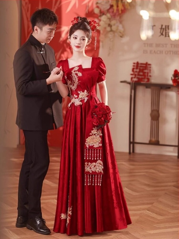 Rochie de seară din satin pentru vară, stil chinez inspirat, croială slim, pentru evenimente de nuntă
