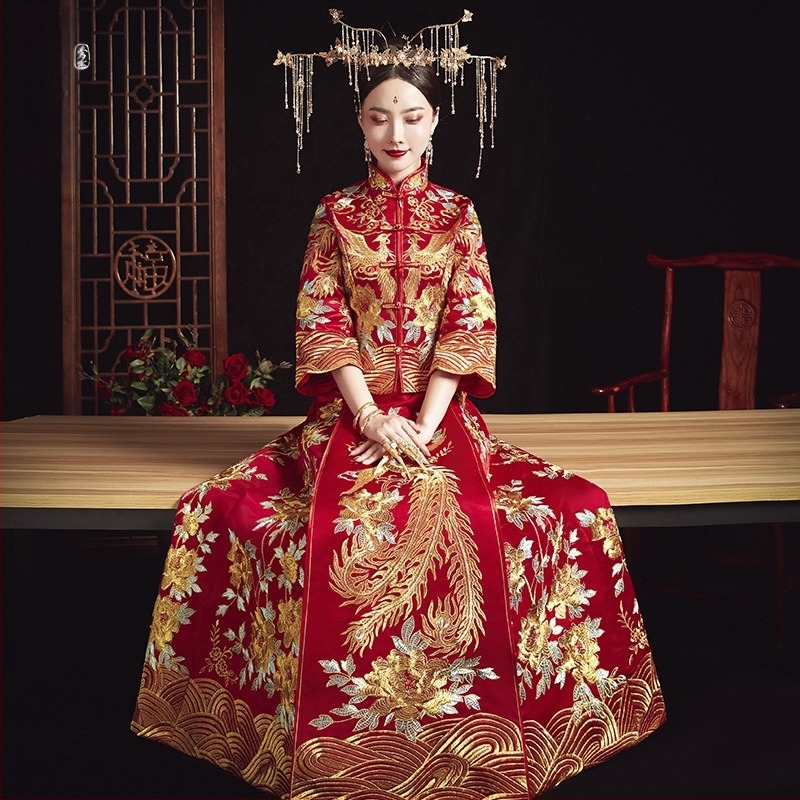 Rochie de mireasă Xiuhe în stil chinezesc, cu dragon și Phoenix, mărime mare, rochie pentru toast, rochie de mireasă pentru gravide