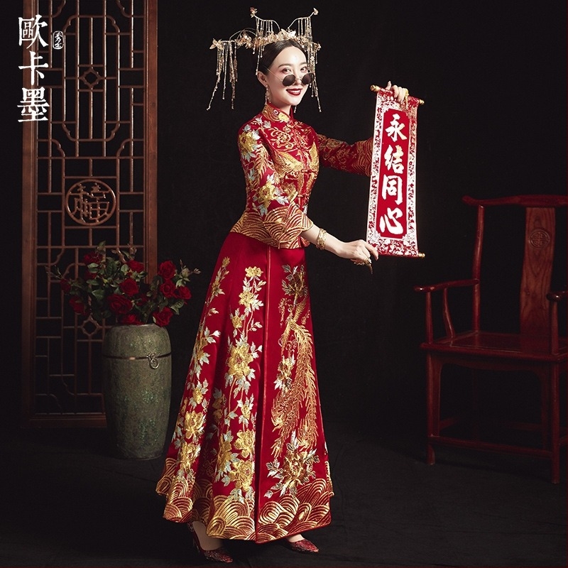 Rochie de mireasă Xiuhe în stil chinezesc, cu dragon și Phoenix, mărime mare, rochie pentru toast, rochie de mireasă pentru gravide