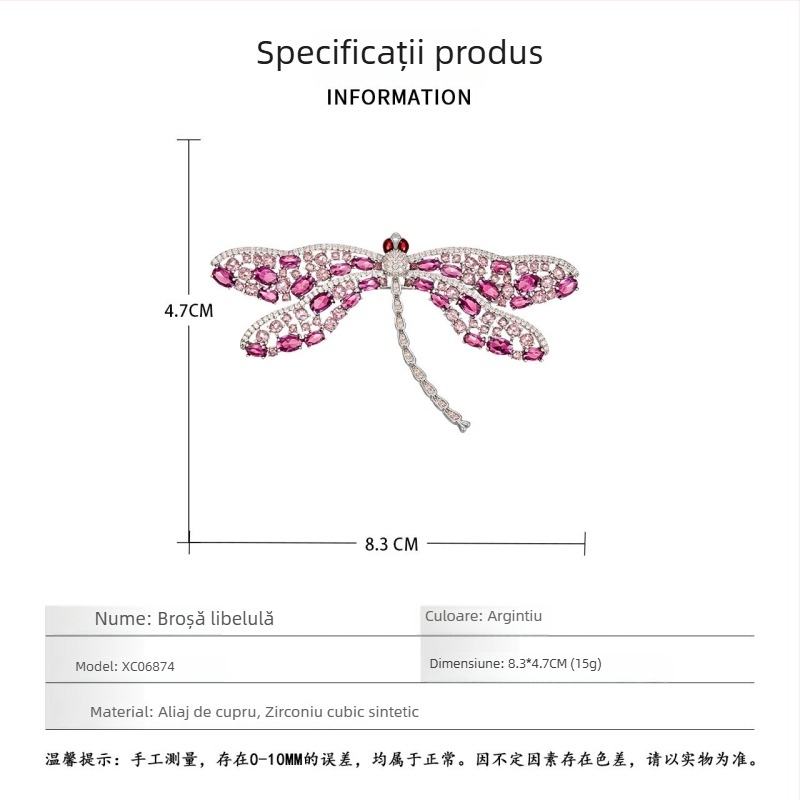 Broșă Dragonfly roz, în stil franțuzesc, din aliaj de cupru, zirconiu micro-incrustat, corind roșu, accesoriu elegant pentru hainele femeilor
