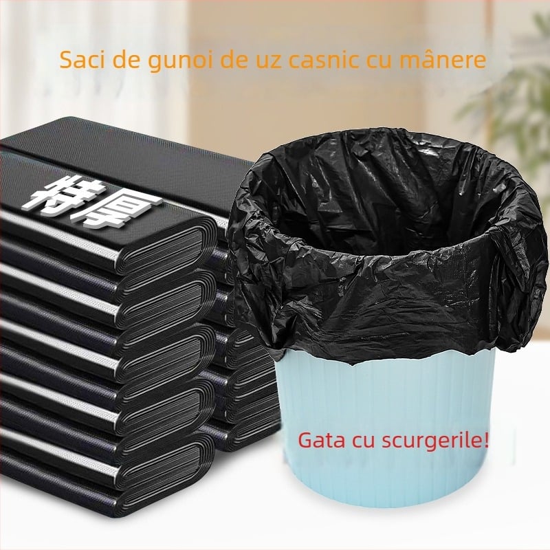 100 saci de gunoi negri groși, cu mâner, pentru uz casnic