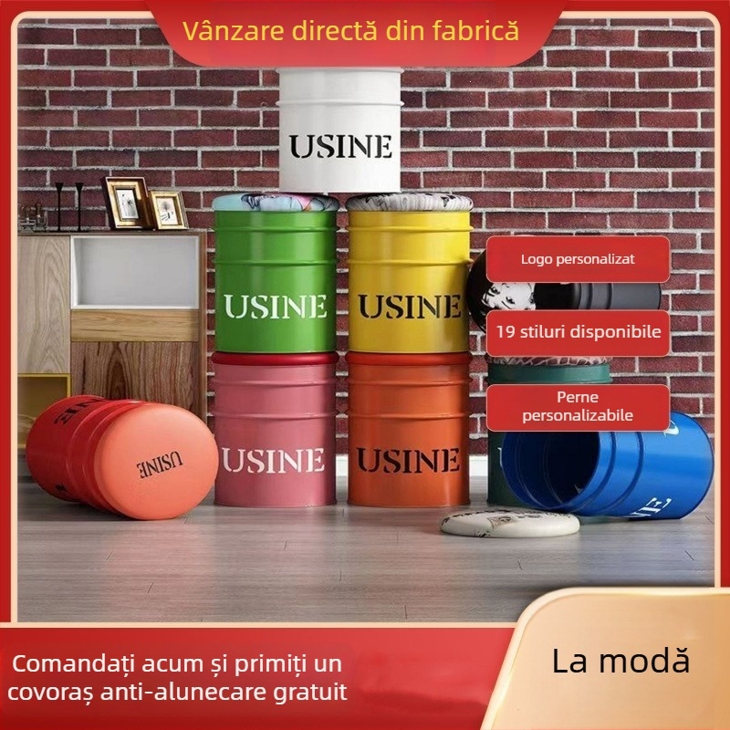 Taburet metal de depozitare, stil industrial, șezut rotund