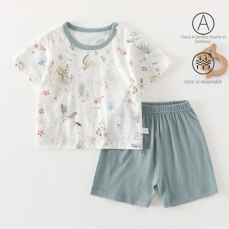 Set din două piese pentru copii: tricou cu mânecă scurtă și pantaloni scurți, 100% bumbac, pentru copii 1–3 ani, haine de vară