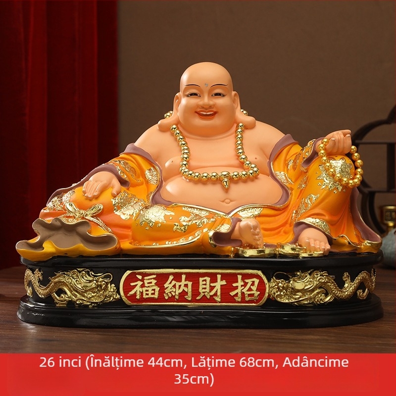 Statuie Buddha Maitreya în veșmă galbenă cu burtă mare, veșmă roșie – ornament decorativ pentru casă