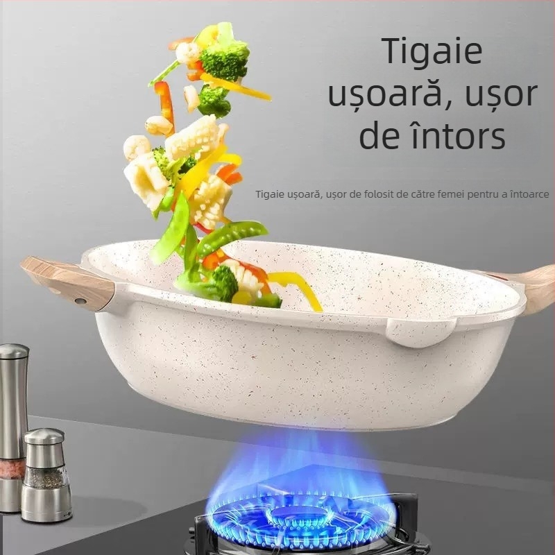 Tigaie din piatră Maifan, antiaderentă, multifuncțională, fără fum, cu bază plată, pentru toate plitele