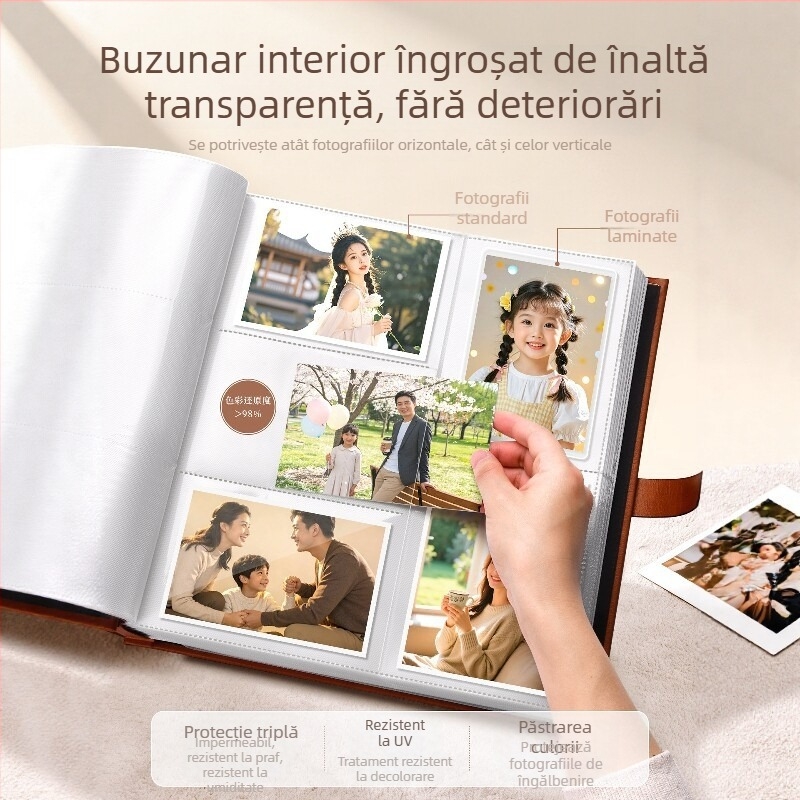 Album foto din piele, 6 inci, pentru înregistrarea creșterii copilului, capacitate mare, cu pagini de inserție