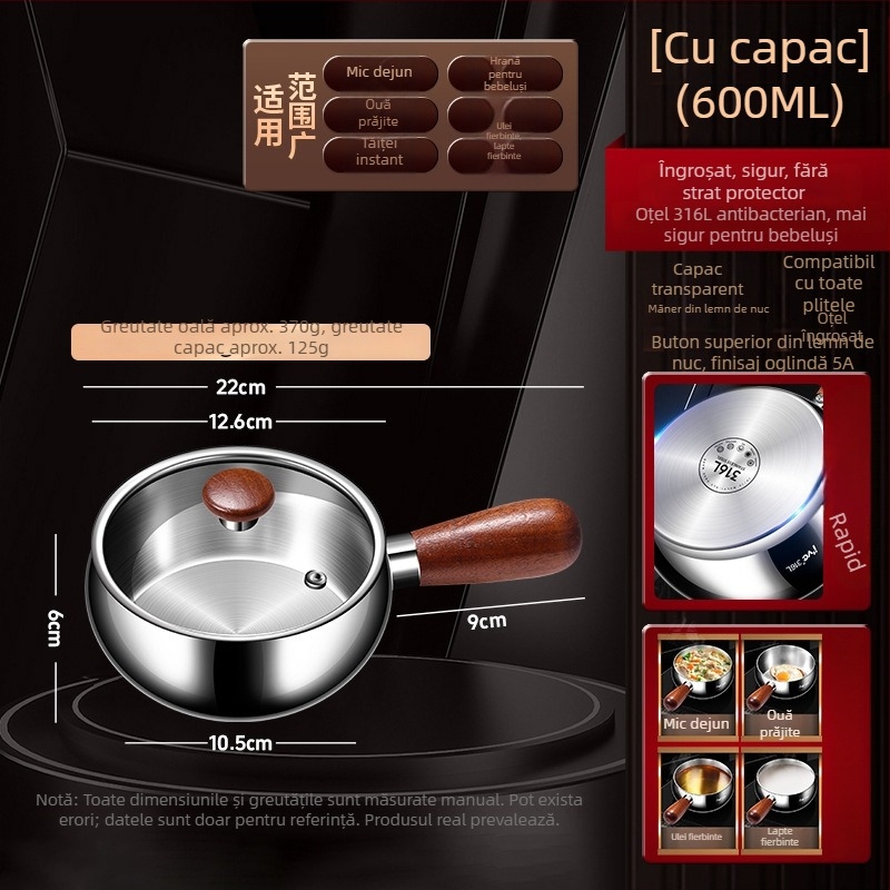 Oală mică din oțel inoxidabil 316 cu capac – oală de gătit multifuncțională pentru hrana bebelușilor, bază îngroșată, capac transparent