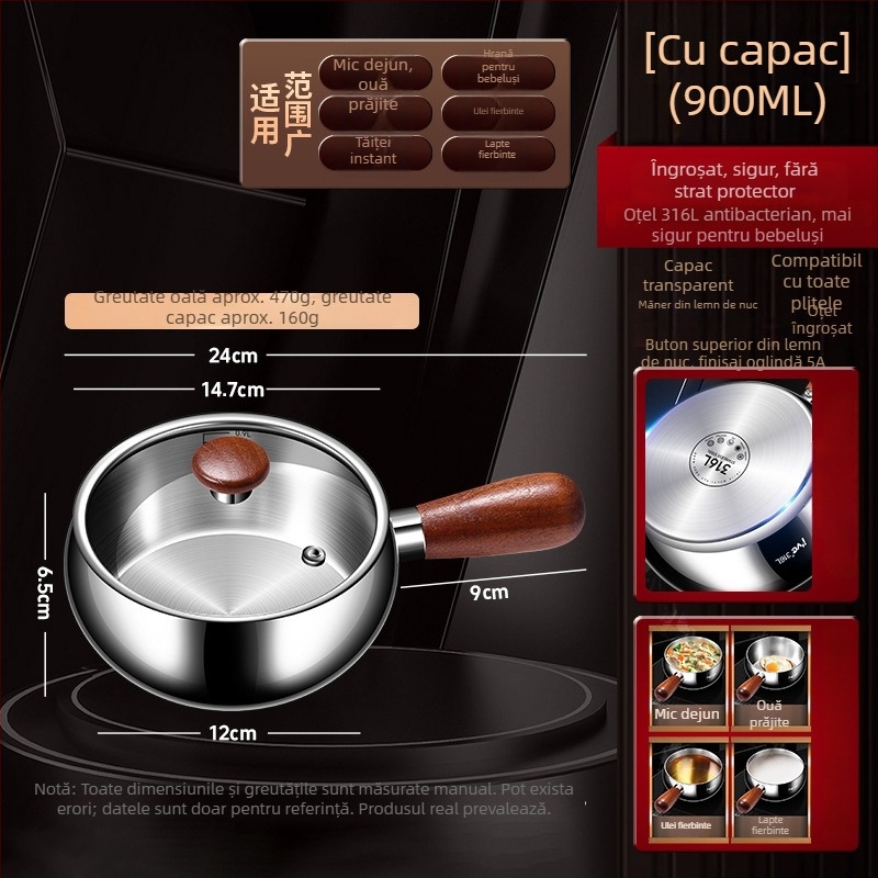 Oală mică din oțel inoxidabil 316 cu capac – oală de gătit multifuncțională pentru hrana bebelușilor, bază îngroșată, capac transparent